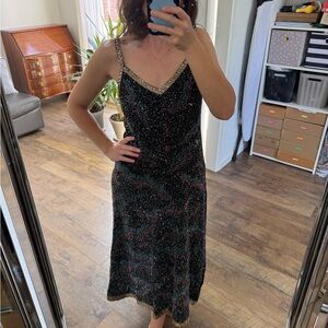 Zara Black Slip Midi Dress with Gold Trim and Multicolor Sparkle